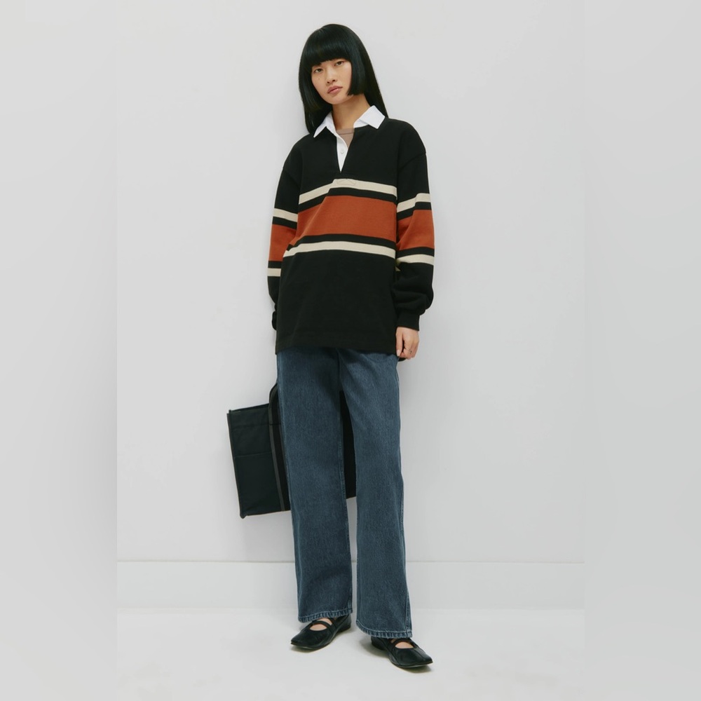 KOTN Black Rugby Sweater with Rust and Cream Stripes